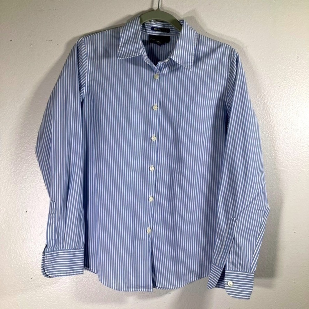 Charter Club Womens 6 Blue White Striped Iron Free Cotton Button Down Shirt